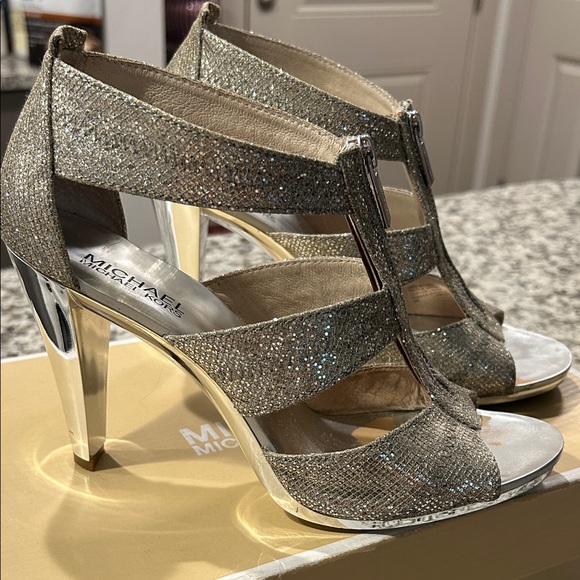 Michael Kors Shoes - Michael Kors Silver Glitter T-Strap High Heels